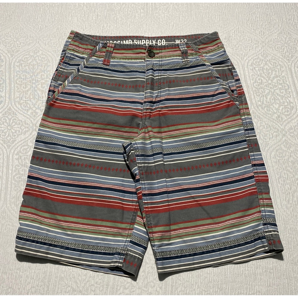 Mossimo Supply Co Mens 32 Striped Southwestern Chino Shorts Gray Red Blue Cotton